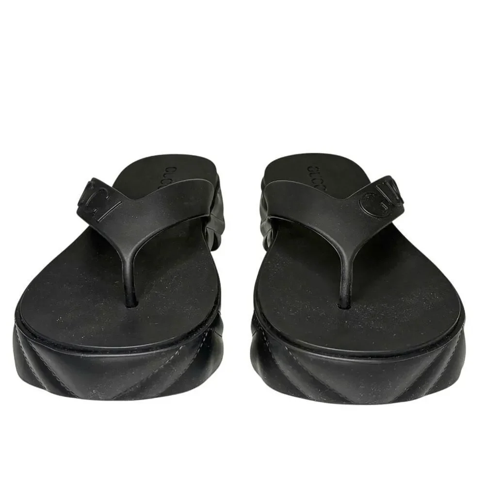 Gucci Rubber Chevron Logo Platform Thong Sandals Black Size 37 Box & Dust Bag - Picture 4 of 13